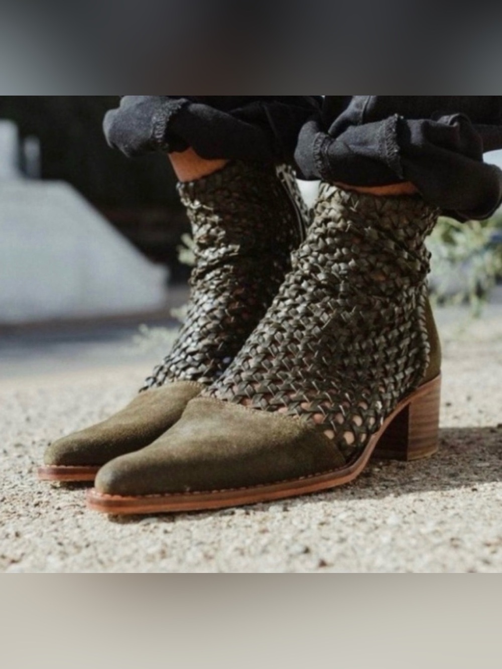 Free People In the Loop Woven Leather olive green suede Ankle Boots